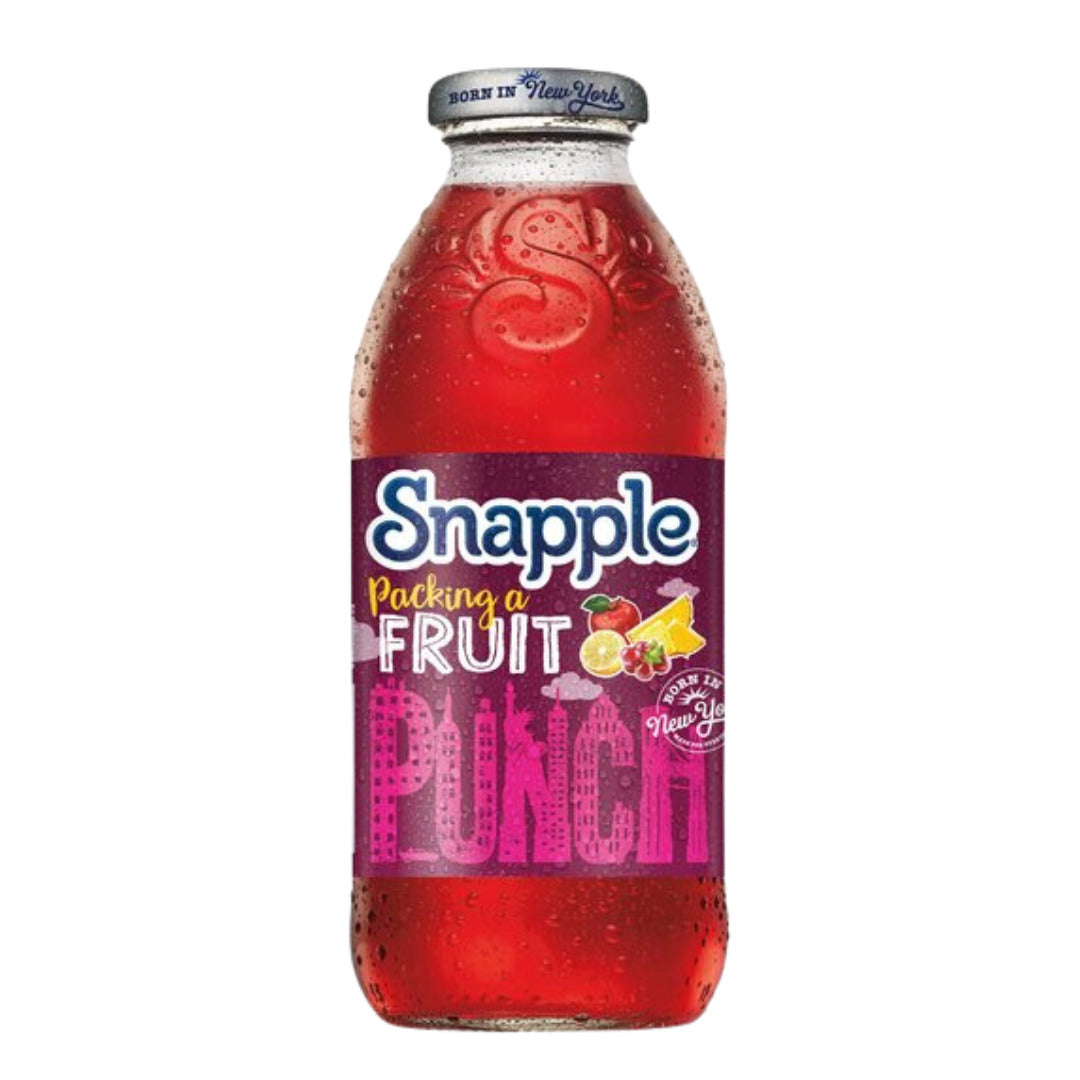 Front of Snapple USA Fruit Punch bottle featuring bold logo, vibrant fruit graphics, and 473ml label