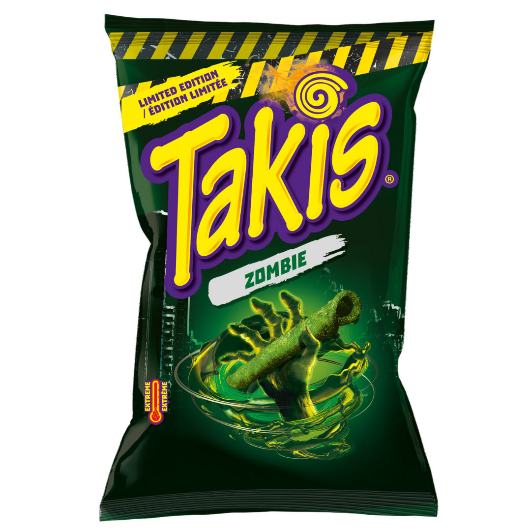 Front of Takis Zombie Limited Edition Rolled Tortilla Corn Chips bag showing bold Takis logo, zombie theme, and pack size (90g)
