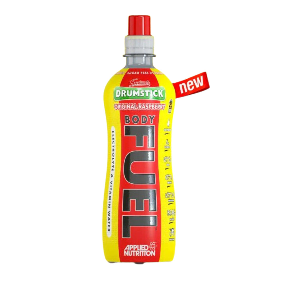 Front of Body Fuel Swizzels Drumstick bottle showing bright yellow label, original raspberry flavour, and 500ml size from Applied Nutrition.