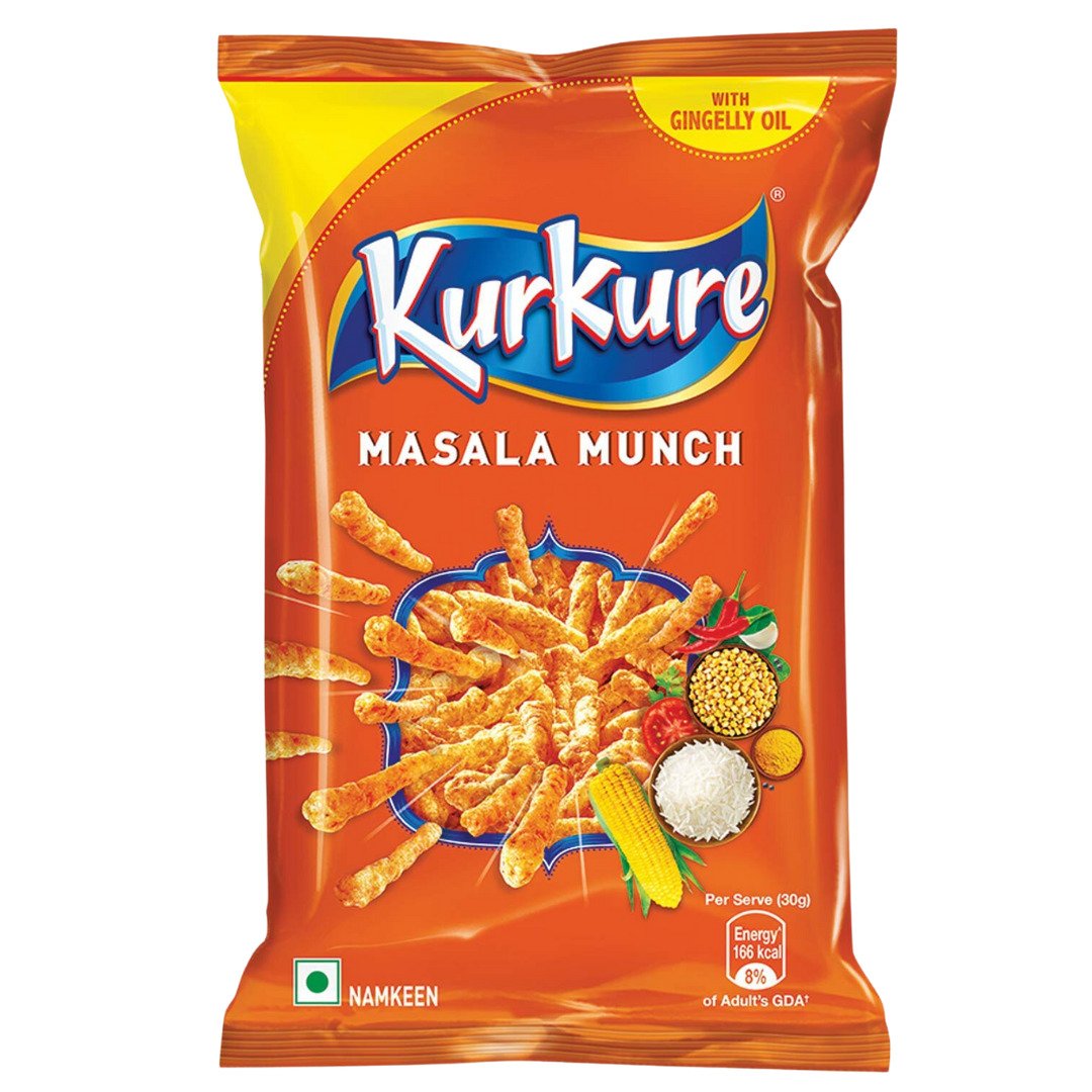 Front of Kurkure Masala Munch bag showing the brand logo, masala flavour text, and crunchy snack image (85g pack)