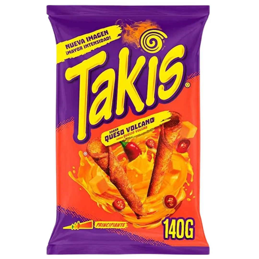 Front of Takis Queso Volcano Rolled Tortilla Corn Chips bag featuring vibrant purple and orange colours, rolled tortilla chips, and 140g pack size.