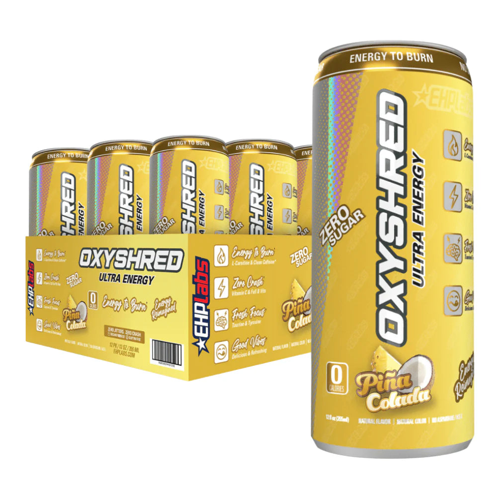 Front of OxyShred Pina Colada Flavour Energy Drink case showing logo, tropical flavour label, and pack size (12 x 355ml)