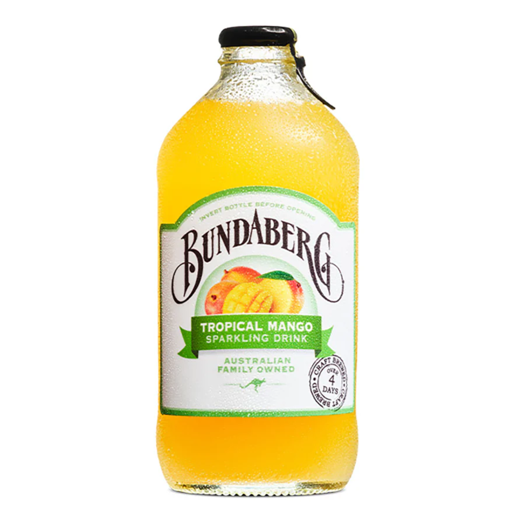 Front of Bundaberg Tropical Mango Sparkling Soda bottle featuring a vibrant yellow drink, brand logo, and tropical fruit illustration (375ml)