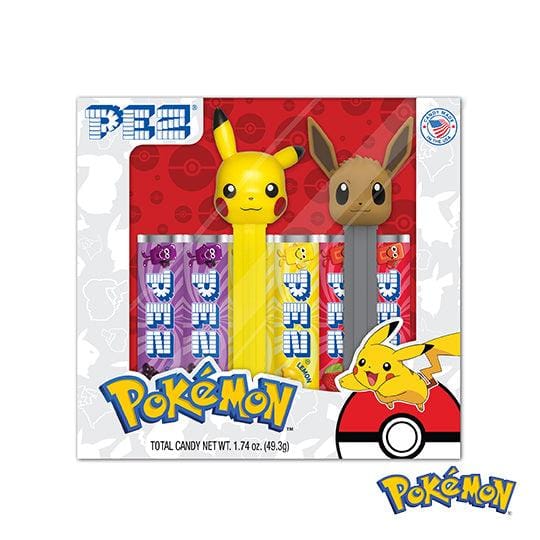 Front of PEZ Pokémon Twin Pack Gift Set showing Pikachu and Eevee dispensers with candy refills (49.3g pack)