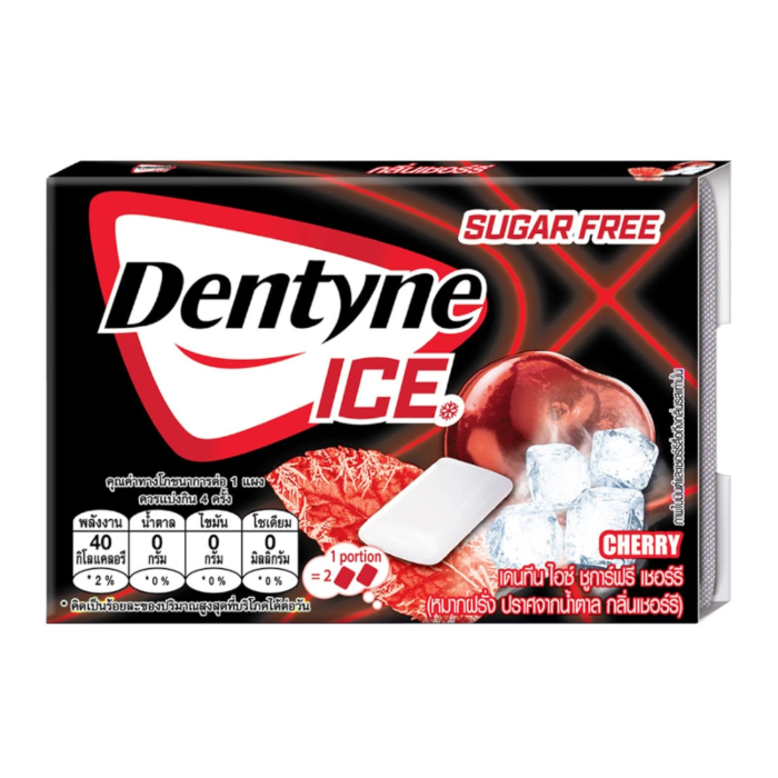 Front of Dentyne Ice Chewing Gum pack showing bold brand logo, cherry flavour label, and sugar-free indication (11g pack)