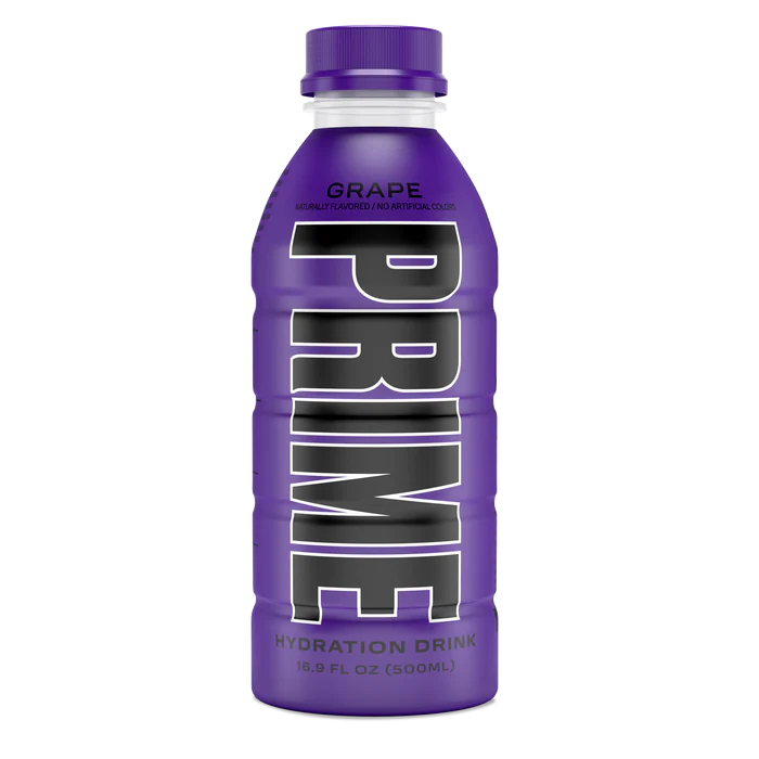 Front of Prime Hydration Grape bottle featuring the bold logo, grape flavour label, and pack size of 500ml.