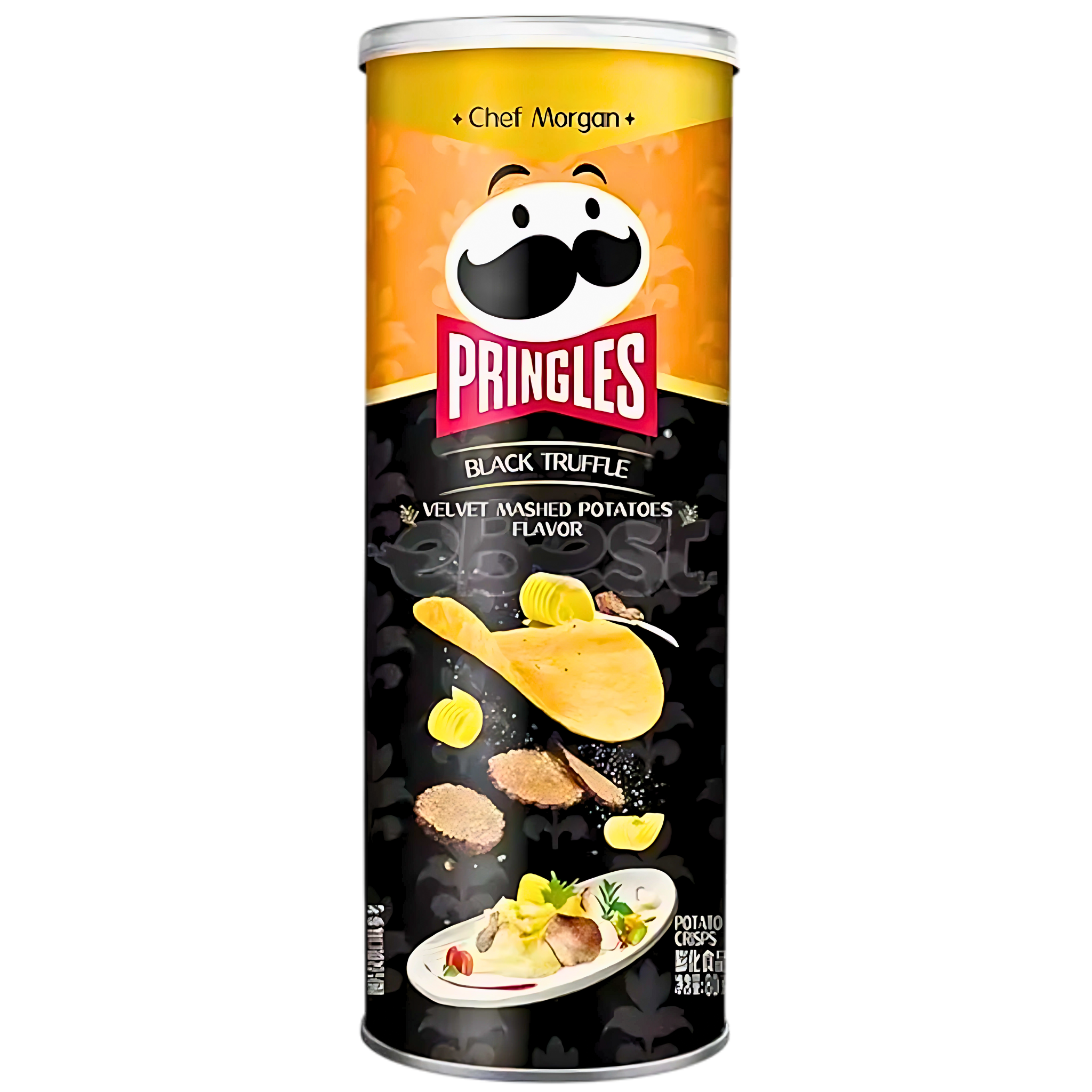 Front of Pringles Black Truffle Velvet Mashed Potato can showing logo, flavour details, and potato crisp imagery (80g pack)