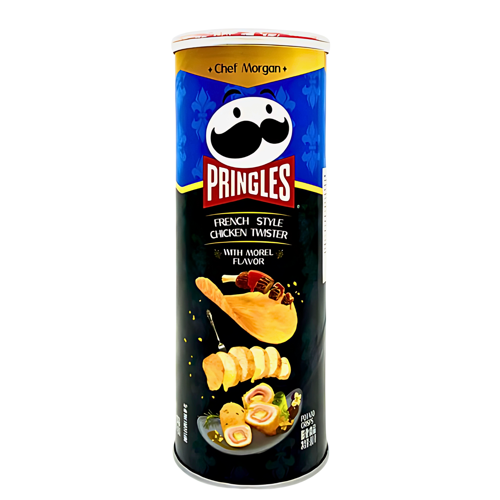 Front of Pringles French Style Chicken Twister (80g) tube showing brand logo, with morel flavour graphics and images of chicken and twister snacks.