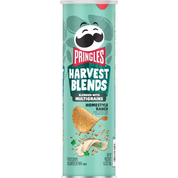 Front of Pringles Harvest Blends Homestyle Ranch can showing logo, multigrain blend details, and ranch flavour snack (155.9g pack)