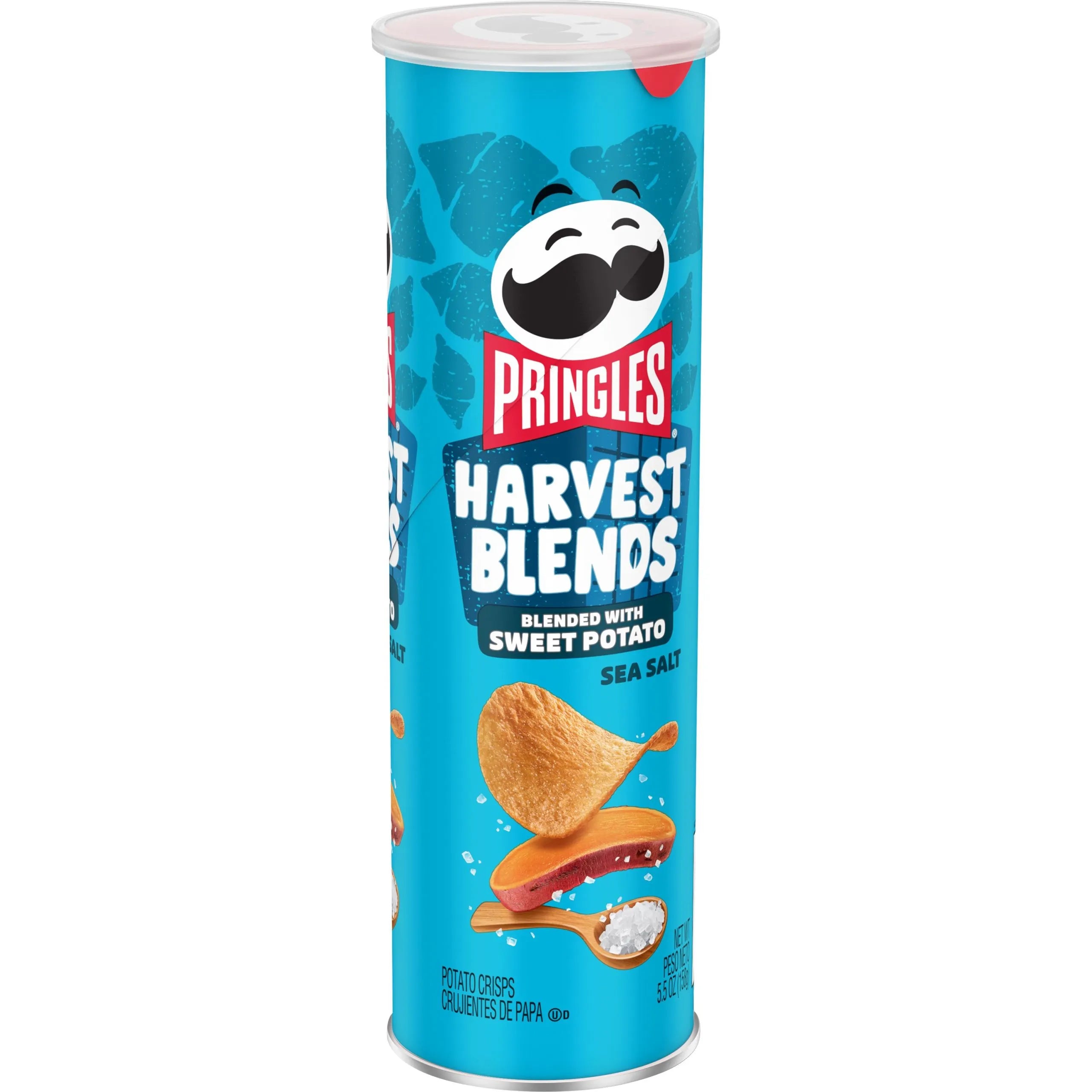 Front of Pringles Harvest Blends Sweet Potato Sea Salt canister showing bold logo, vibrant blue design, potato crisps, and sweet potato imagery (155.9g pack)