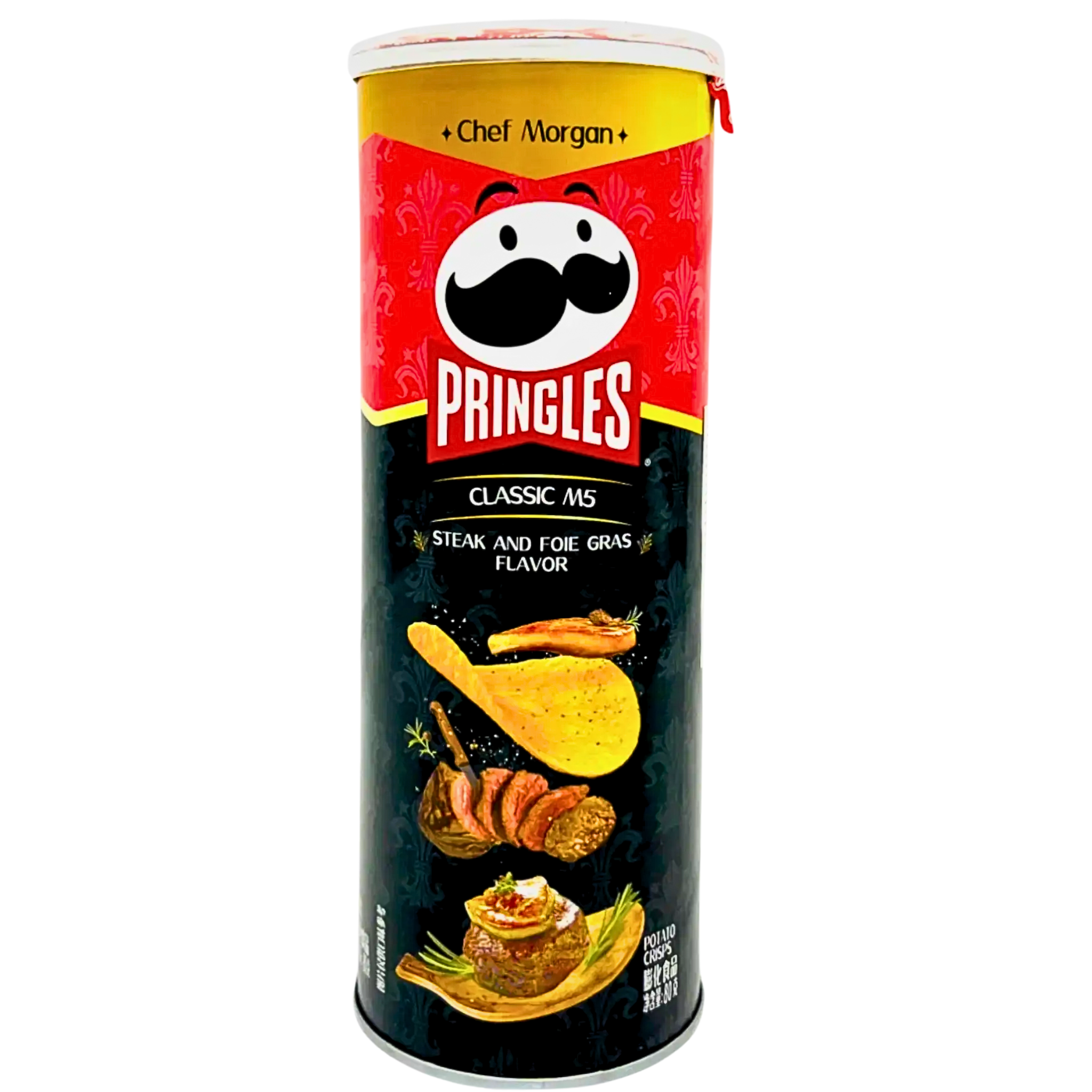 Front of a Pringles Classic M5 Steak And Foil Gras tube featuring the logo, steak and foie gras flavour imagery, and 80g size.