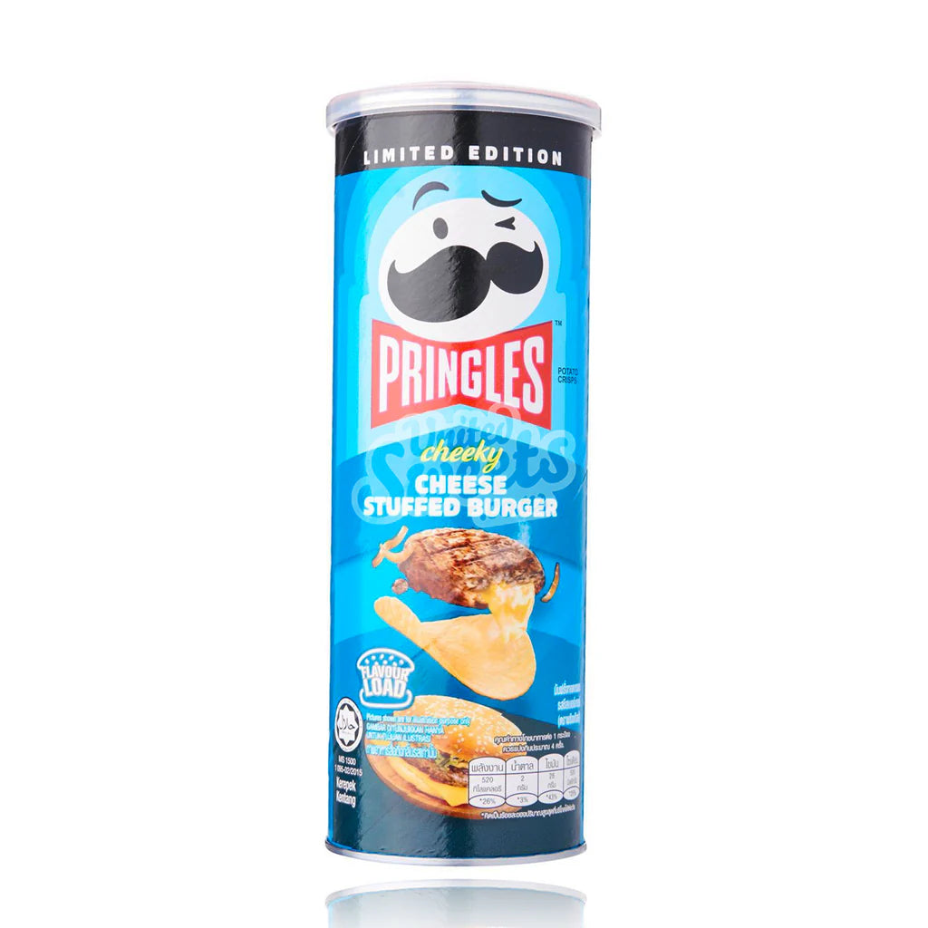 Front of Pringles Cheese Stuffed Burger tube featuring the blue logo and images of cheesy burger chips (134g pack)