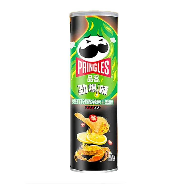 Front of Pringles Chilli Lemon Crab tube showing bold logo, unique flavour elements with chilli, lemon, and crab graphics, and 110g size.