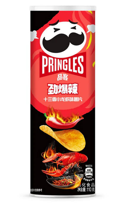 Front of Pringles Spicy Crayfish tube showing bold logo, fiery crayfish flavour label, and an image of crispy chips (110g pack)