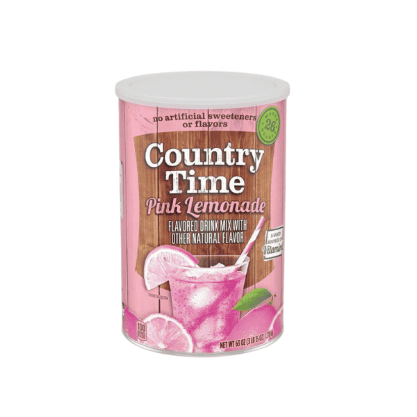 Front of Country Time Pink Lemonade Mix can showing logo, flavour, and ingredients with a vibrant image of pink lemonade (26 servings)