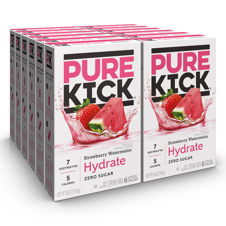 Front of a pack of Pure Kick Energy Strawberry Watermelon Singles to Go (216g), featuring bold pink logo, strawberry and watermelon imagery, and hydration details.