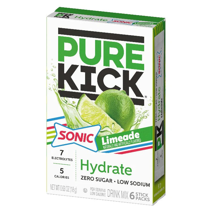 Front of Pure Kick Energy x Sonic Limeade drink mix box showing bold logo, limeade flavour label, and pack size of 6 stick packs (18g)