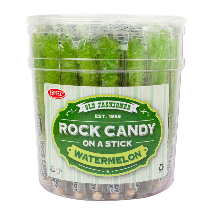 Front of Espeez Rock Candy on a Stick Watermelon container showcasing green rock candy sticks in a clear tub (23g)
