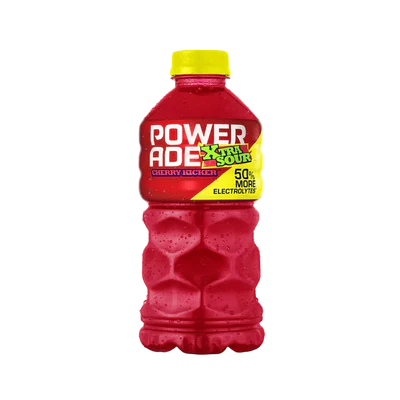 Front of a Powerade Xtra Sour Cherry Kicker bottle showing the logo, sour cherry flavour, and bright red design (828ml pack)