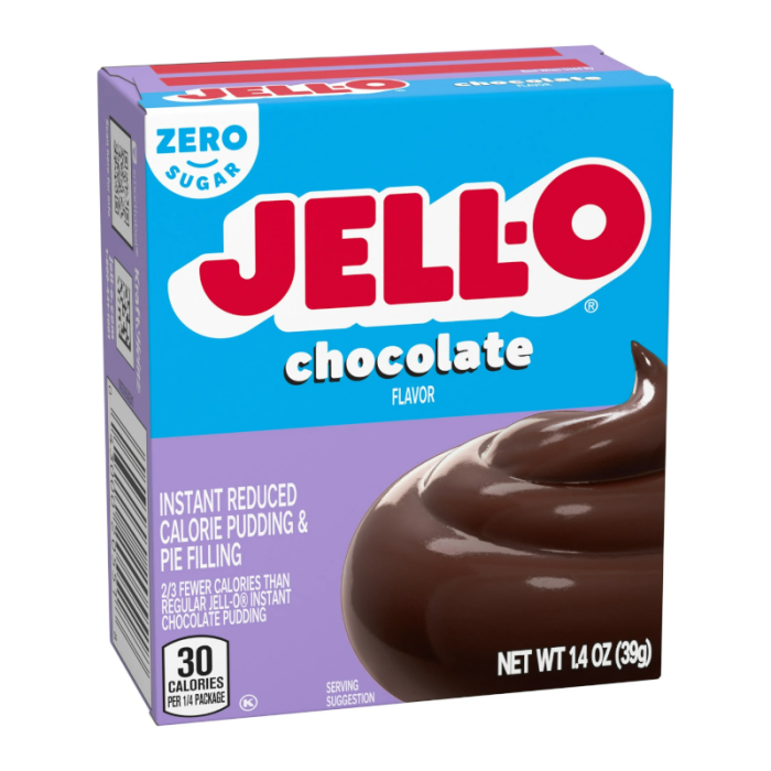 Front of Jell-O Sugar Free Chocolate Pudding Instant Mix box showing zero sugar label, chocolate flavour, and pudding texture (28g)