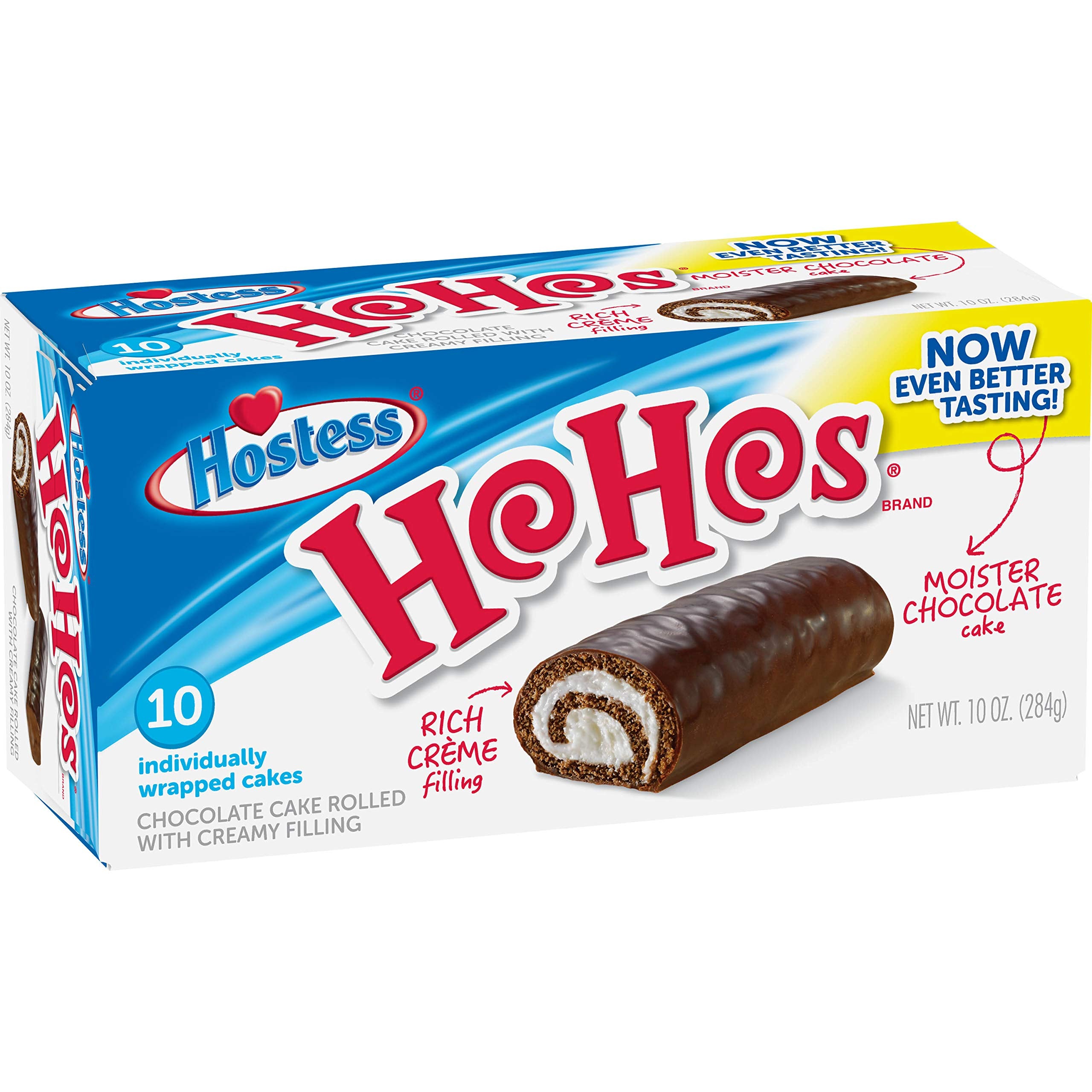 Front of Hostess Ho Hos Chocolate Cake box showing 10 individually wrapped cakes, rich creamy filling, and moist chocolate cake (284g pack)