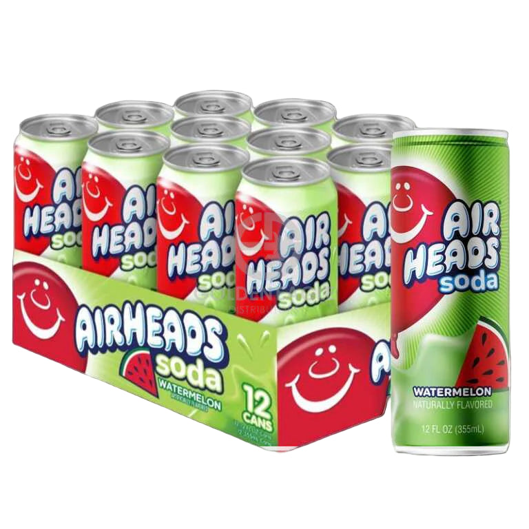 Front of Airheads Soda Watermelon 355ml can showing bright colours, cheerful logo, and watermelon flavour label (12 pack)