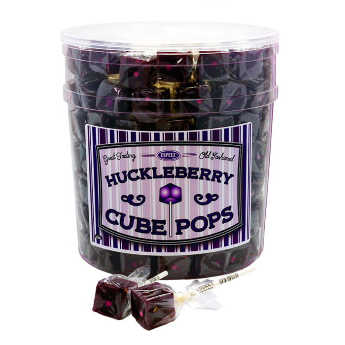 Front of Espeez Huckleberry Cube Pops tub showing the brand logo, huckleberry flavour label, and candy cubes (21g)