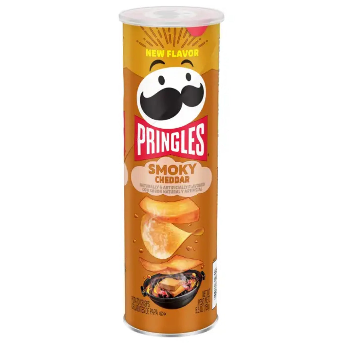 Front of a Pringles Smoky Cheddar canister featuring logo, yellow and orange design, and images of crisps (156g pack)
