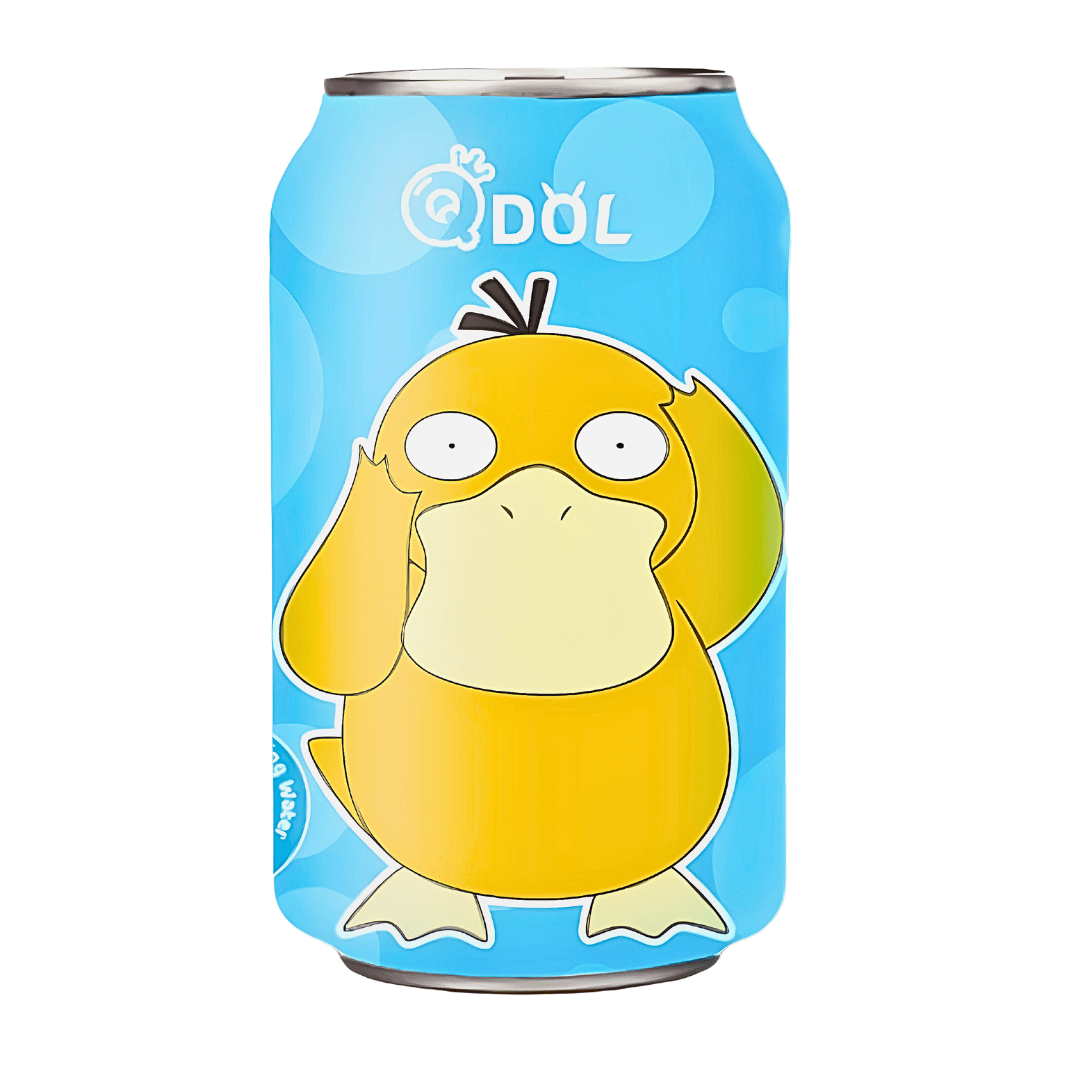 Front of Pokémon Psyduck Citrus Flavour can featuring Psyduck character, bright blue background, and showing 330ml volume.