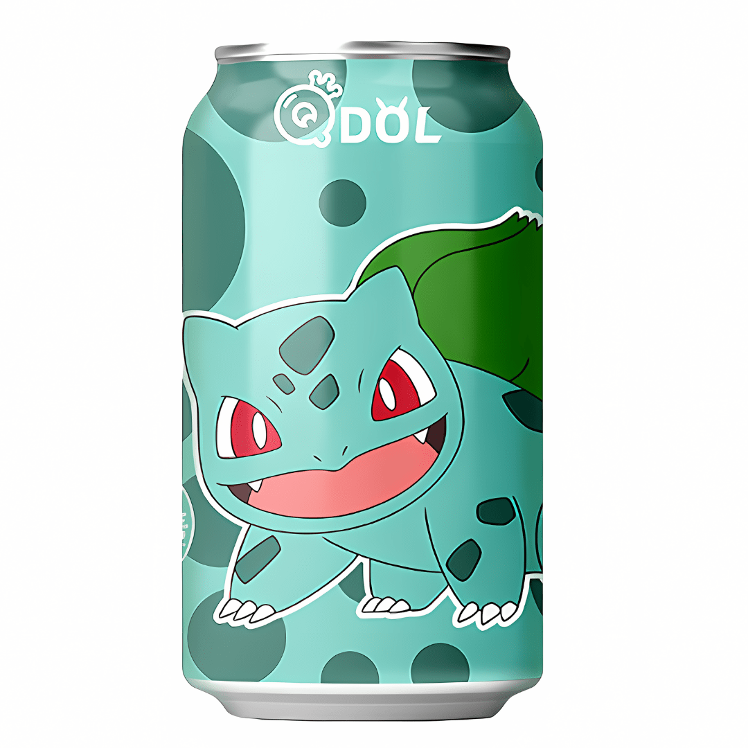 Front of Pokémon Bulbasaur Grape Sparkling Water can showing Bulbasaur character, grape flavour design, and 330ml volume information.