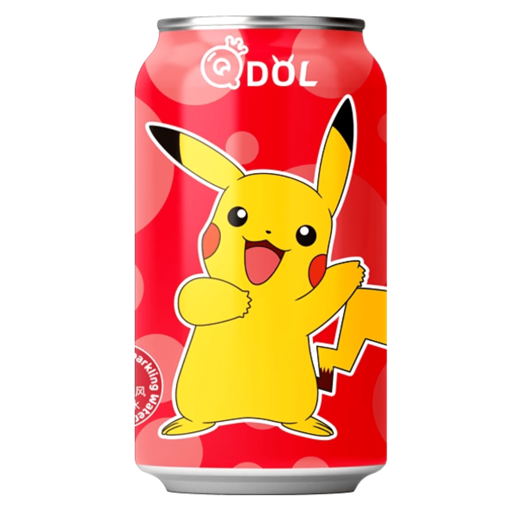 Front of Pokémon Pikachu Strawberry Sparkling Water can featuring a playful Pikachu illustration, bright red background, and 330ml label.