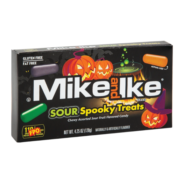 Front of Mike & Ike Halloween Sour Spooky Treats Theatre Box displaying bright logo, spooky pumpkins, and assorted candy pieces (120g pack)