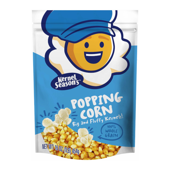 Front of Kernel Season's Popping Corn Kernels packaging showing the cheerful logo, big and fluffy kernels label, and 454g size indication.