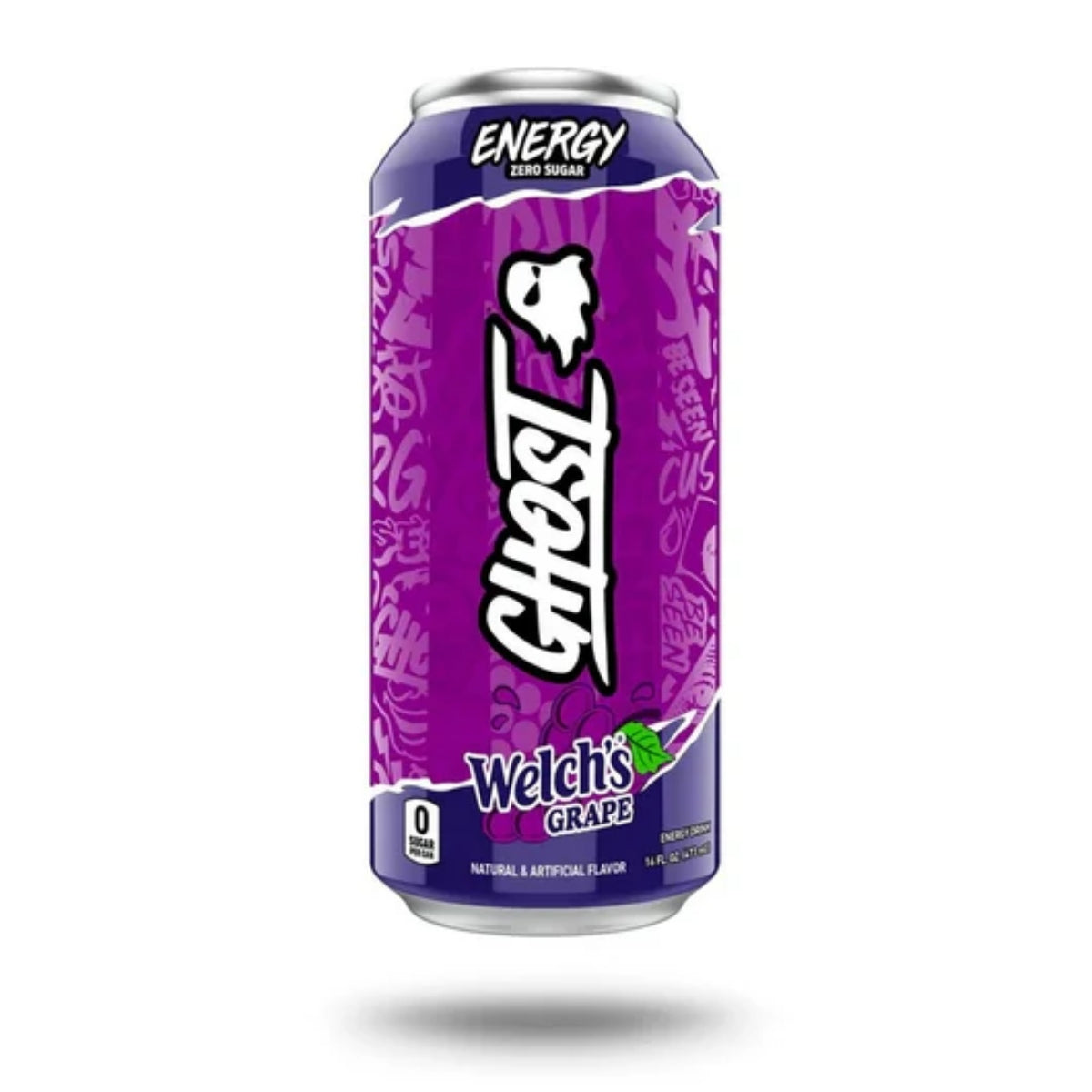 Front of Ghost Welch's Grape Energy Drink can featuring bold logo, grape flavour label, and 473ml pack size