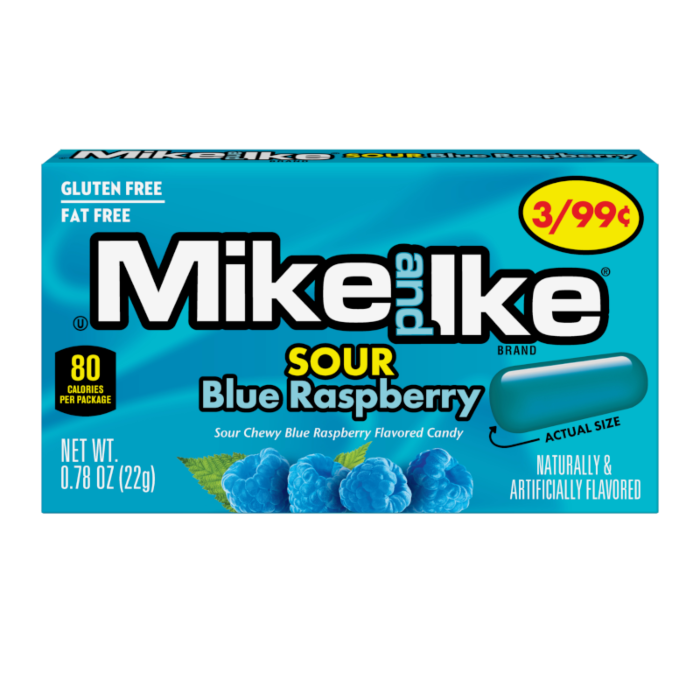 Front of Mike & Ike Sour Blue Raspberry box showing vibrant blue packaging, logo, and image of blue raspberry candies, 22g pack