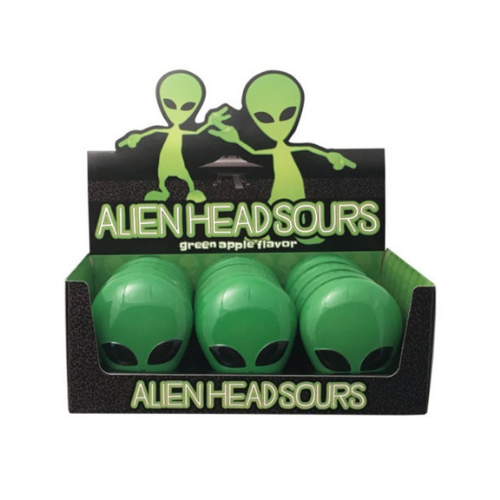 Front of Alien Head Sours Green Apple Candy Tin showing green apple flavour and quirky alien design (28g tin)
