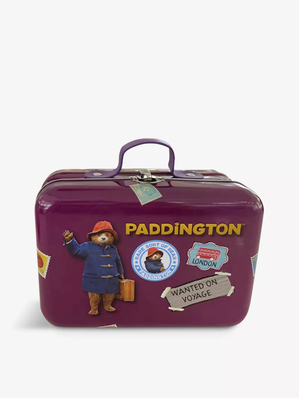 Front of Paddington Bear Orange Chocolate Marmalade Cookies Suitcase Tin showing vibrant design, featuring Paddington Bear and cookies, 300g pack.
