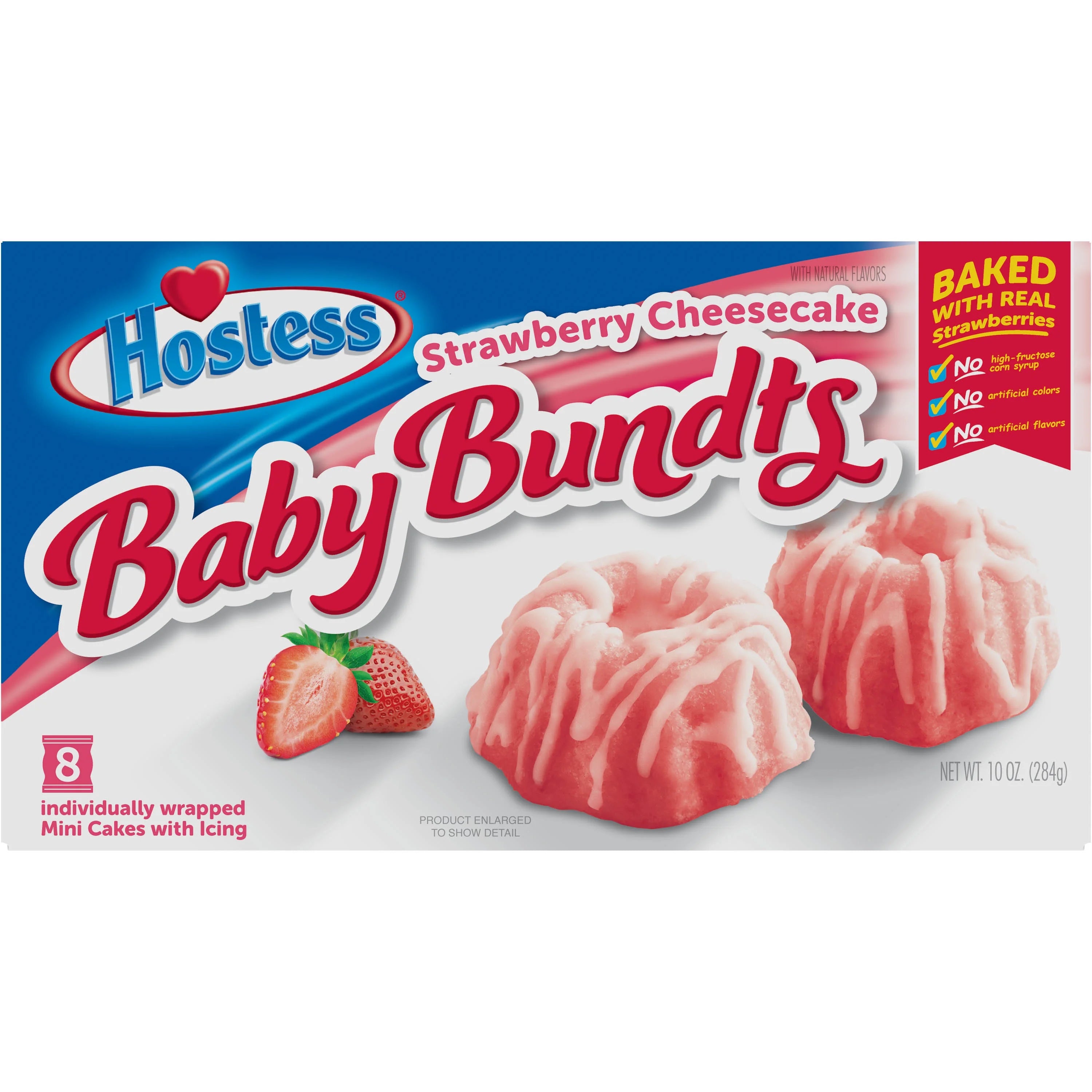 Front of Hostess Strawberry Cheesecake Baby Bundts box showing logo, strawberry cheesecake flavour, and individually wrapped mini cakes (284g pack)