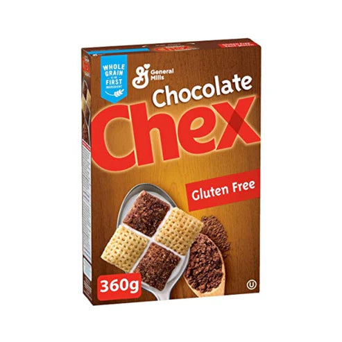 Front of Chex Chocolate Cereal box showing bold logo, chocolate flavour, and gluten-free label (360g pack)