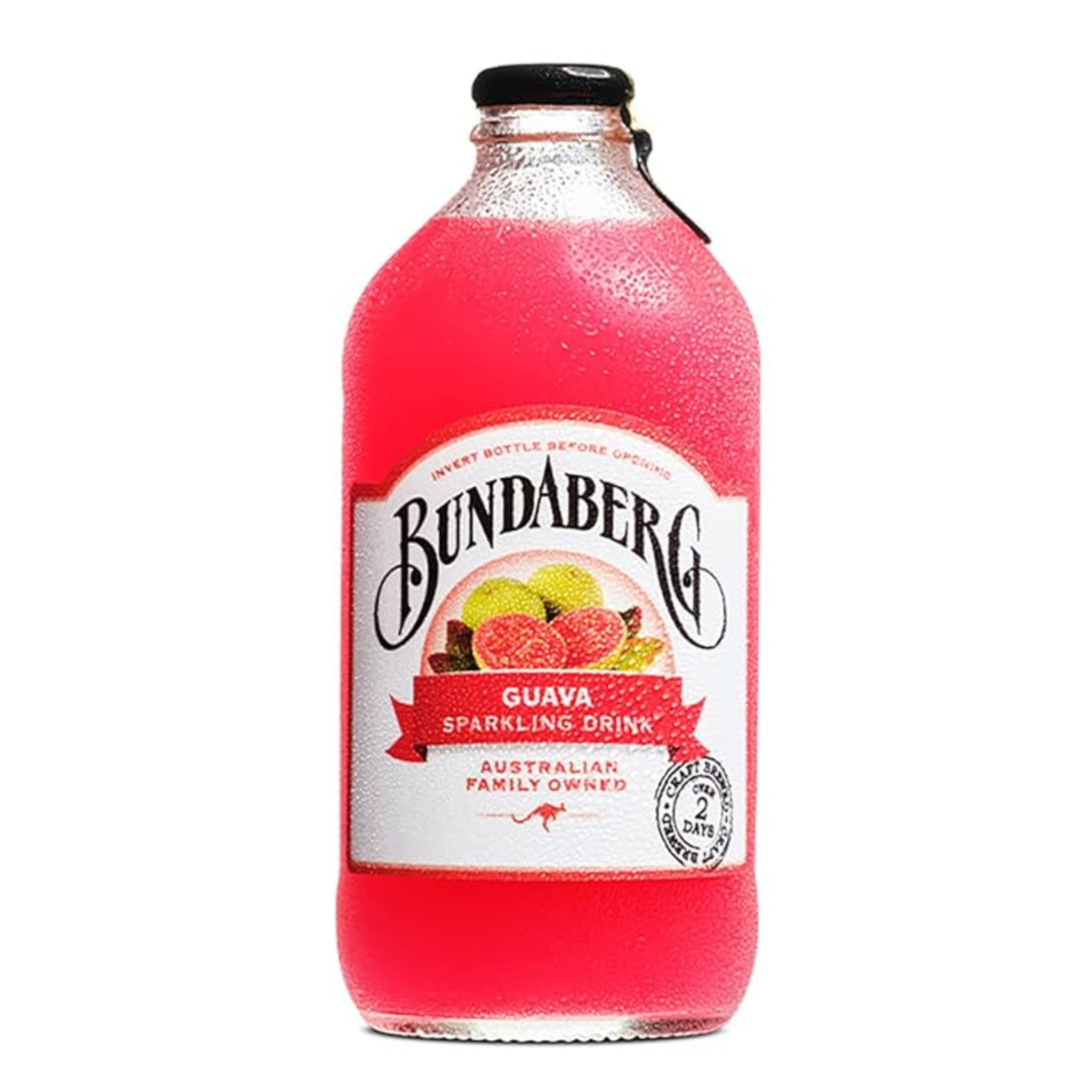 Front of Bundaberg Guava Sparkling Soda bottle featuring logo, guava imagery, and details (375ml)