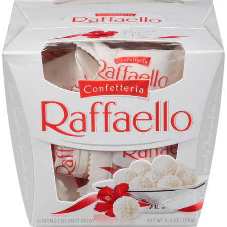Front of Ferrero Raffaello Coconut & Almond Pralines box showing the logo, almond coconut treat label, and an image of the pralines (150g pack)