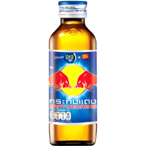 Front of Kratingdaeng Red Bull Energy Drink bottle showing the logo, vibrant design, and 150ml label.