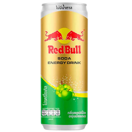 Front of Red Bull Green Apple Grape Energy Drink can featuring vibrant graphics, green apple and grape imagery, and the 250ml pack size.
