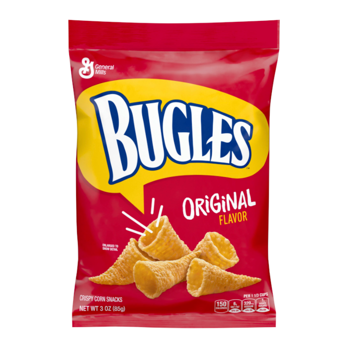 Front of Bugles Original Flavor Snacks bag showing bold yellow logo, original flavour label, and crispy corn snacks (85g pack)