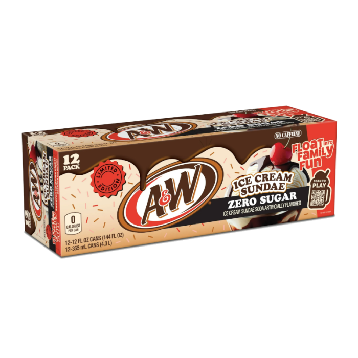 Front of A&W Ice Cream Sundae Soda Zero Sugar case showing logo, flavour details, and 12-pack size (12x355ml)