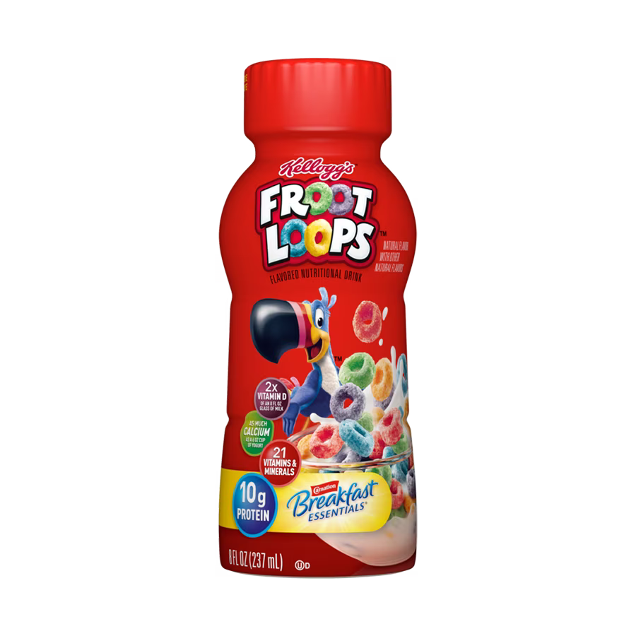 Front of Kellogg's Froot Loops Flavoured Breakfast Drink bottle showcasing logo, fruity flavour, and colourful cereal pieces (237ml)