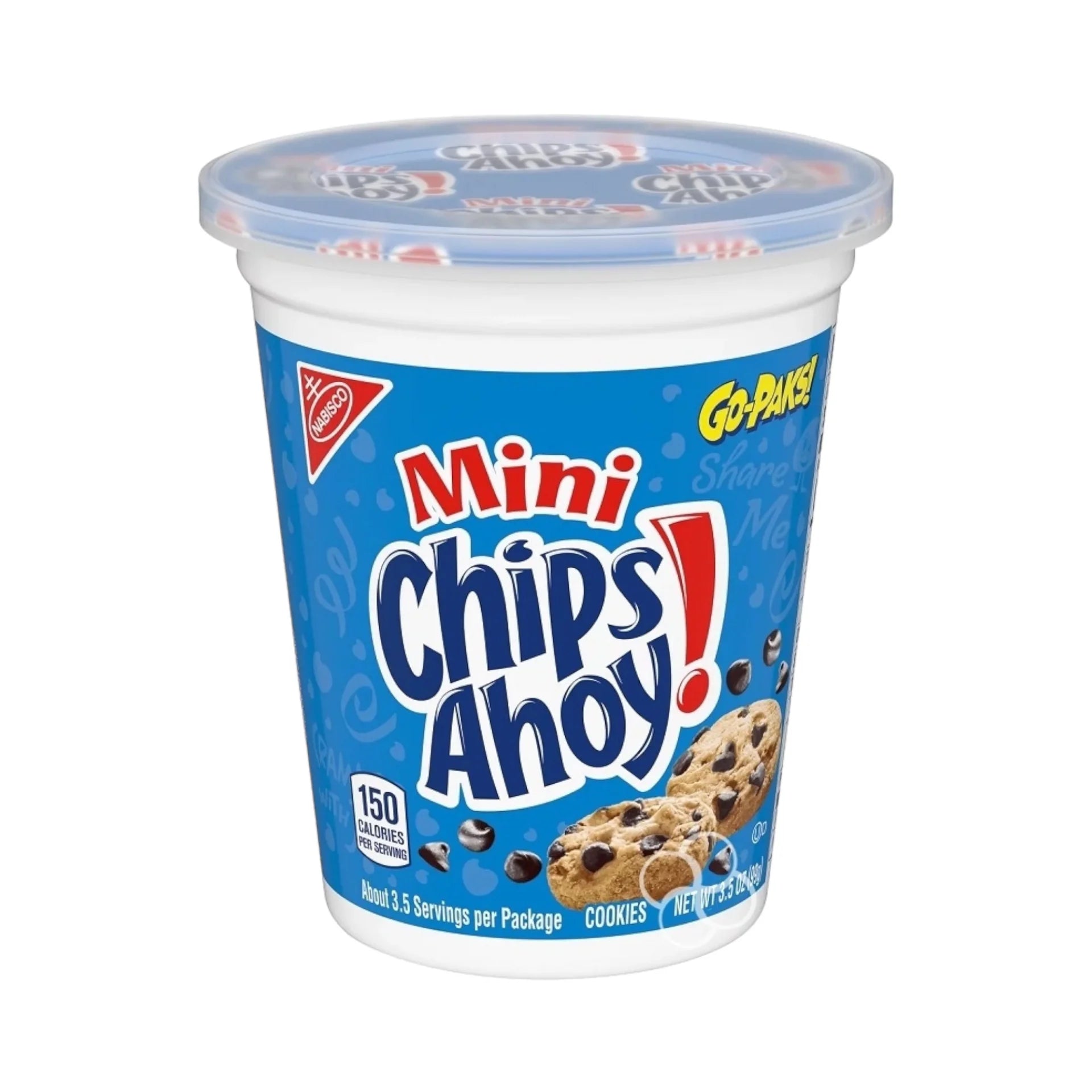 Front of Mini Chips Ahoy Pot showing logo, cookie images, and 99g pack size.