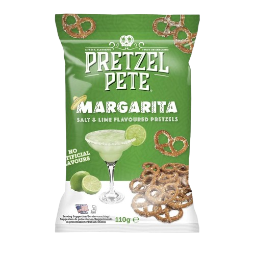 Front label of Pretzel Pete Margarita Salt & Lime Flavour Pretzels (110g), displaying flavour and branding.