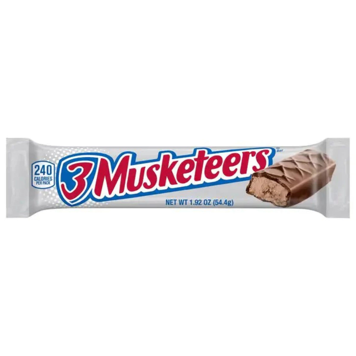 Front of 3 Musketeers Chocolate Bar wrapper showing the logo and pack size (54.4g) with a chocolate bar visible.
