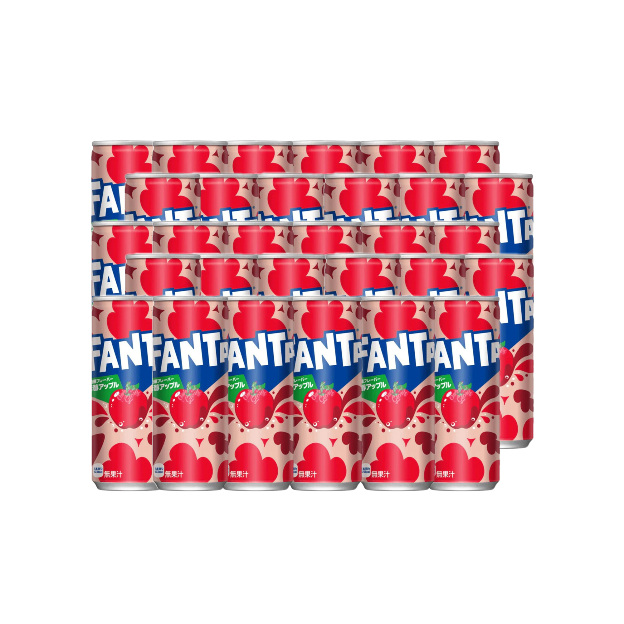 Front of Fanta Red Apple case showing logo, apple flavour design, and 30 x 250ml cans.